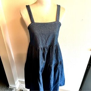 Denim jean dress tiered style dark wash sz small exposed back zip good condition